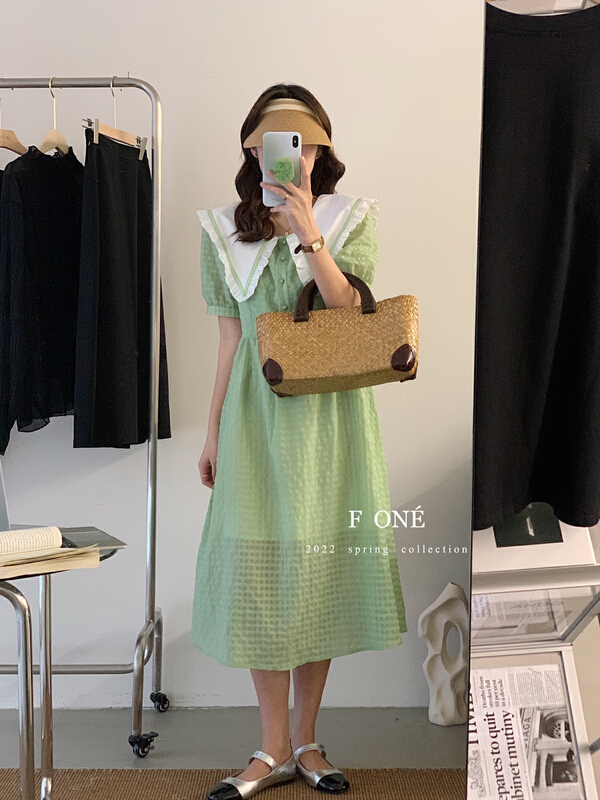 [f one] sweet lady large lapel Plaid Dress 52053# WPL