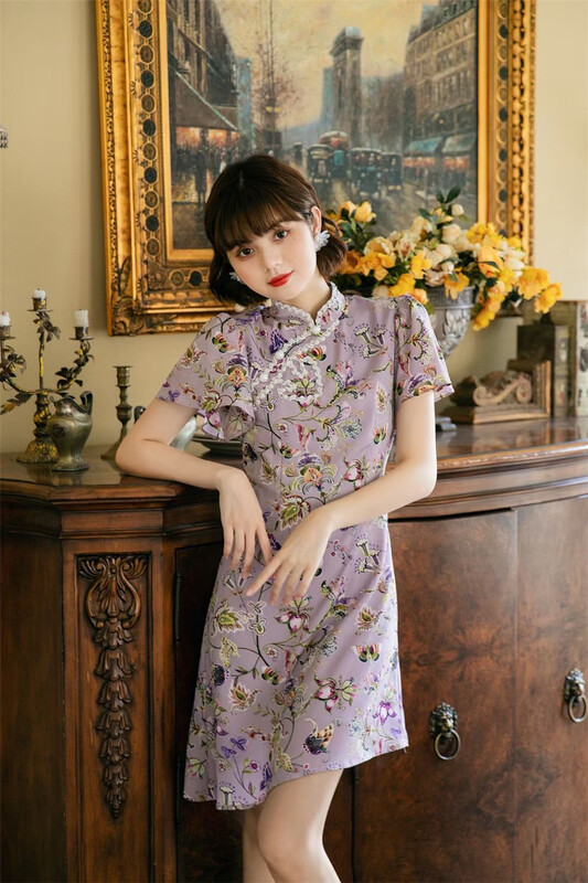 [Joyce stang] stand up collar thin nail bead floral dress 21124# JJ