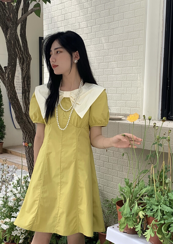 New in early summer! 【5】 Korean fashion contrast large lapel dress 6632# L