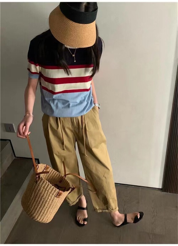 [an studio] Korean crew neck stripe comfortable short sleeve T-shirt 6637# ll