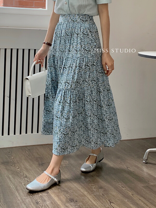 [miss miss miss home] Korean elastic waist pleated floral skirt y8812# zjy