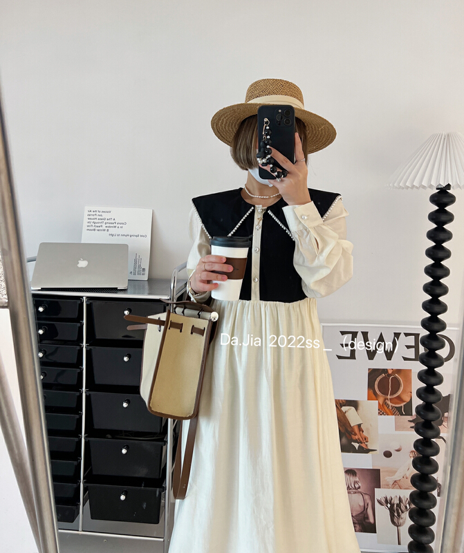 goods in stock! New year in early spring! [Dajia] gentle temperament pearl Lapel versatile contrast dress 22216# CLS