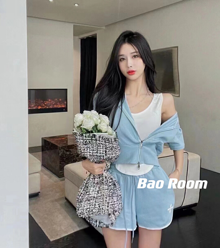 【BAOBAO】簡約連帽小衫+內搭背心+寬鬆休閒短褲套裝  1238#  OZQ