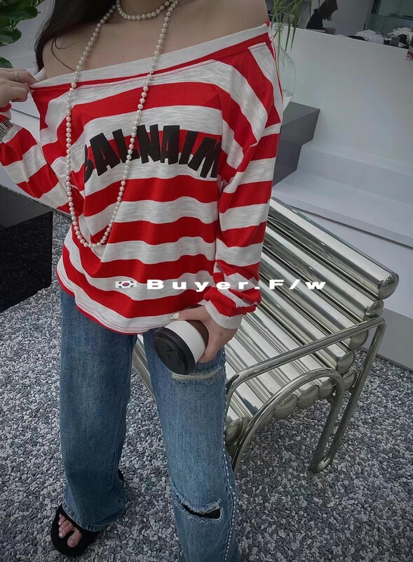 [buyer] stretch Shoulder Pull simple stripe letter print sunscreen long sleeve T-shirt 0332# WTT