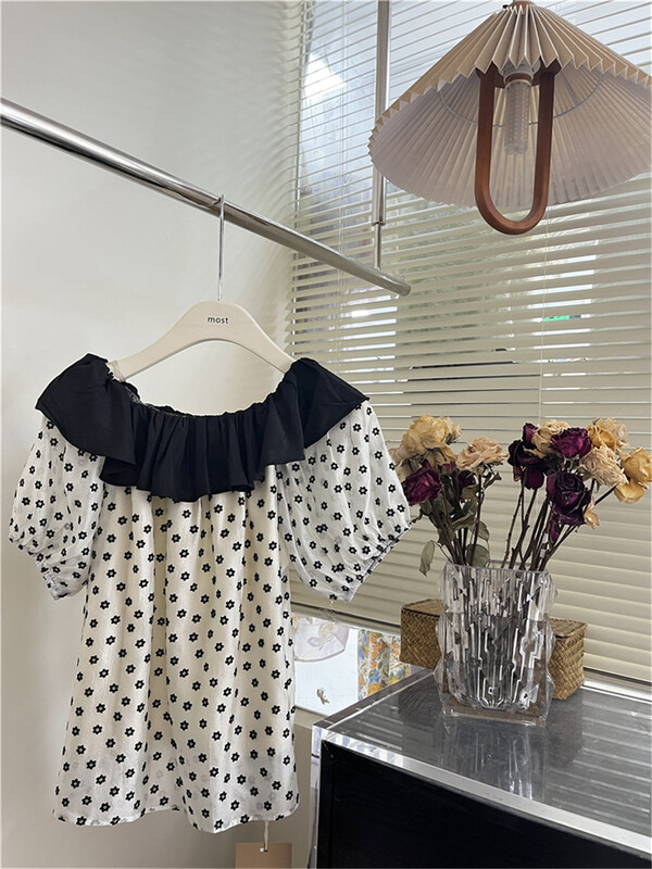 [Mr.Z] simple and versatile color blocked off shoulder shirt 97113# zjy