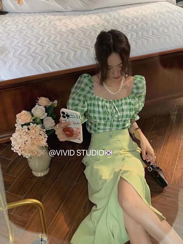 [vid] Korean Plaid pastoral style bubble sleeve shirt 1615# ZSY