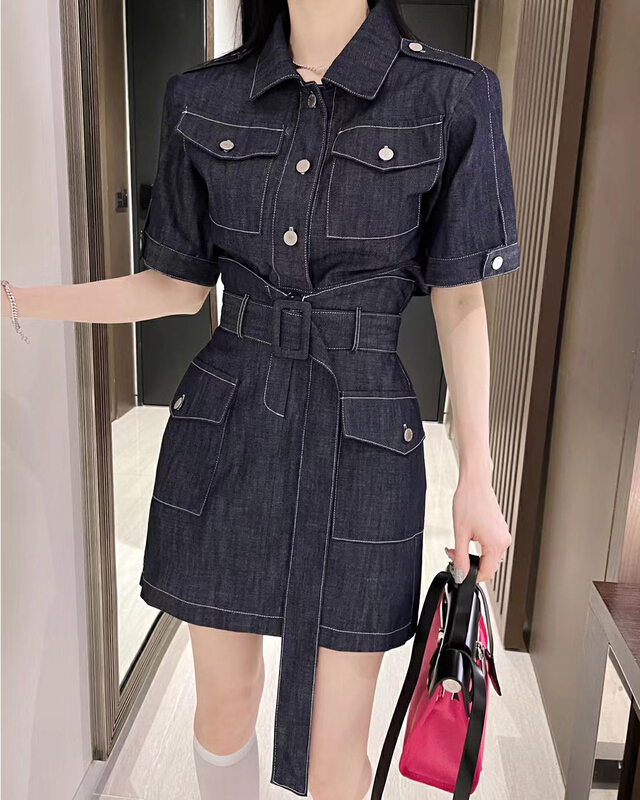 [31 fashion] Korean slim double pocket short coat + high waist denim skirt suit (with belt) 0232# hjy