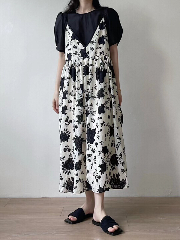 [JH] Solid Color Bubble Sleeve Blouse + loose print suspender skirt two piece suit 41643# PCZ