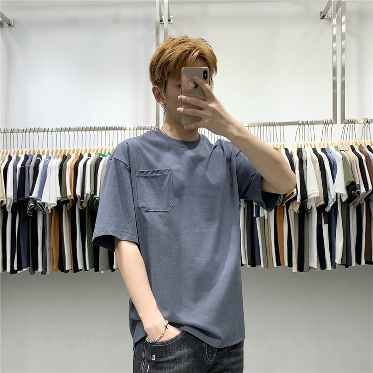 New in early summer! [wild club] round neck loose single pocket short sleeve T-shirt c30008# ZZL