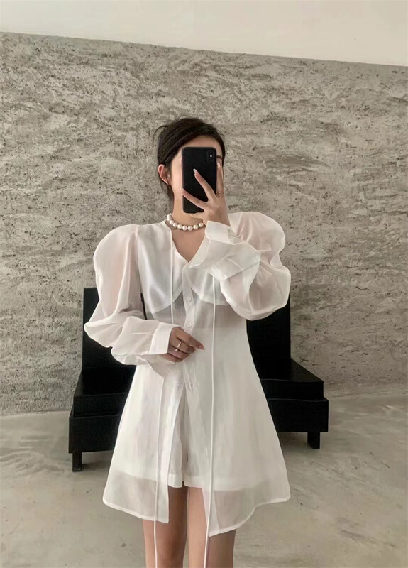 [an studio] V-neck fashion shirt + comfortable and versatile casual Shorts Set 8779# L
