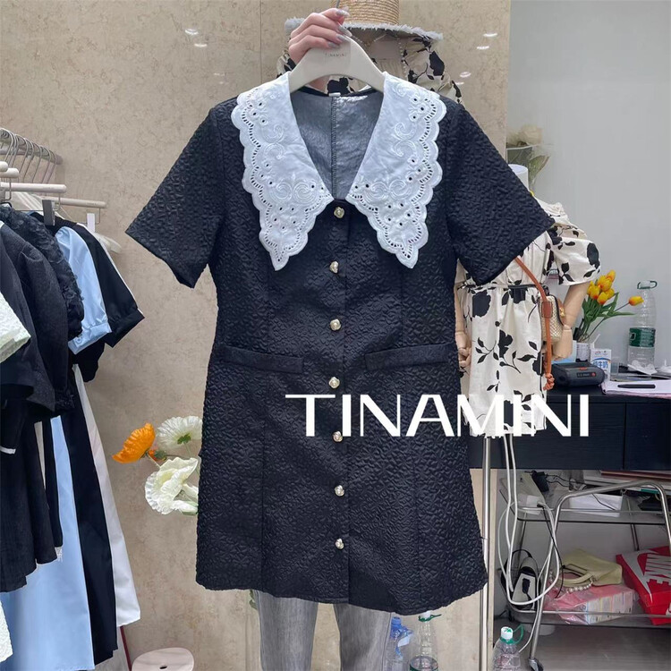 [Tina Mini] Korean color contrast doll collar single breasted dress m0159# hjy