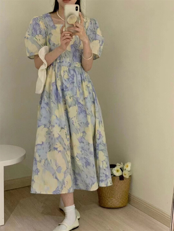 [Susan] floral square neck simple slim dress 18257# LSW