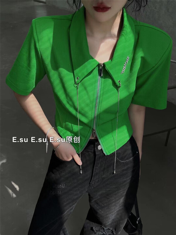 [e.su] casual niche design Short Sleeve zipper short sleeve T-shirt 3807# lwy