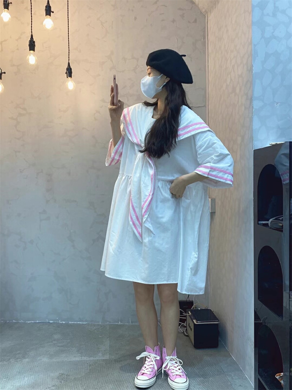 New in early summer! [red girl] college style color blocked Navy collar dress ys1-7073# XYY