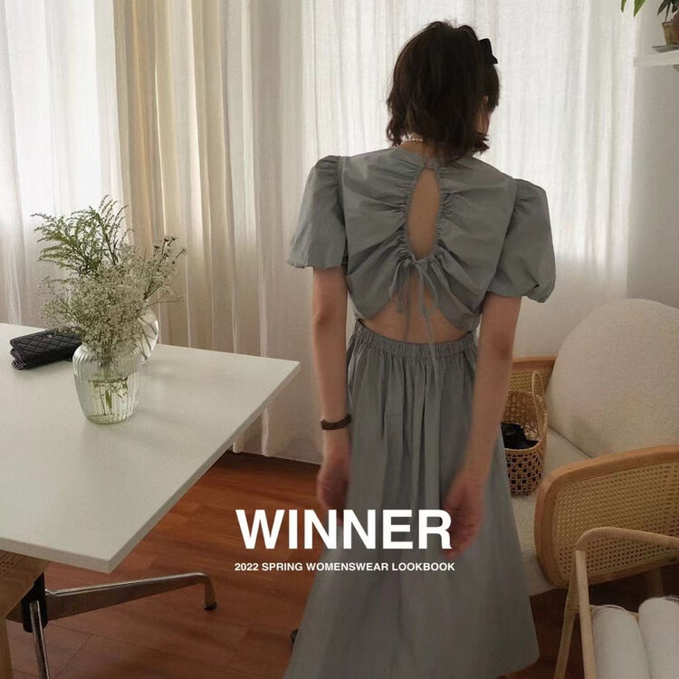 [winner] bubble sleeve lady temperament round neck dress 9001# ll