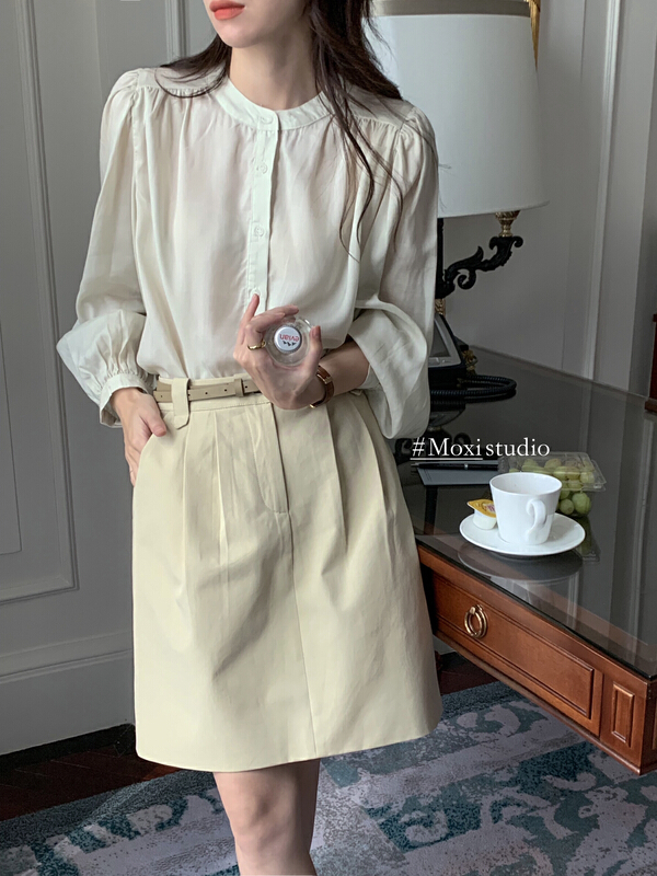 goods in stock! [Moxi] temperament round neck bubble sleeve shirt 58081# XJ