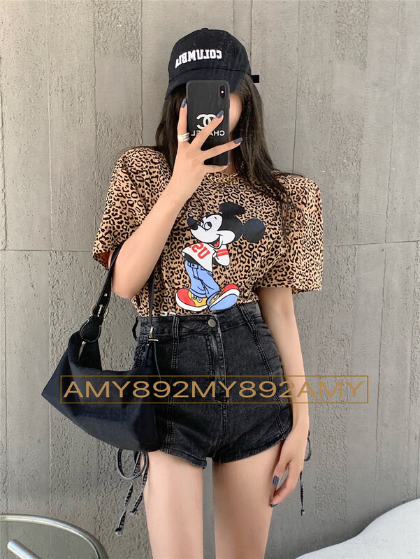 New in early summer! [Amy] leopard shoulder pad Mickey loose cartoon print short sleeve T-shirt ys1-892# WTT