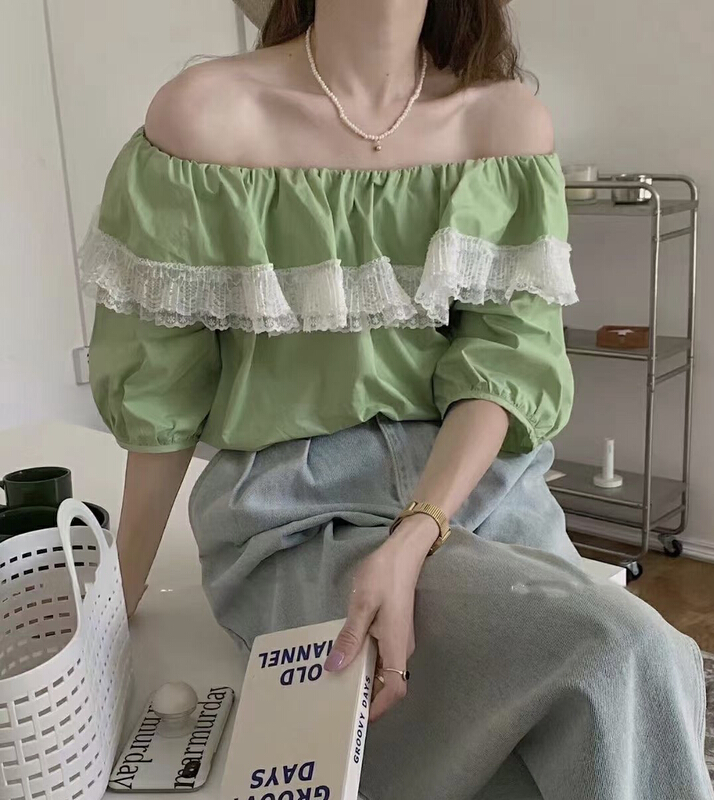 New in early summer! [JH] Xiaoxiang lace side off shoulder blouse (only selling blouses) 41474# PCZ