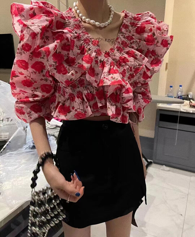 New in early summer! [mi ni] Vintage elegant V-neck floral shirt 2851# PCZ