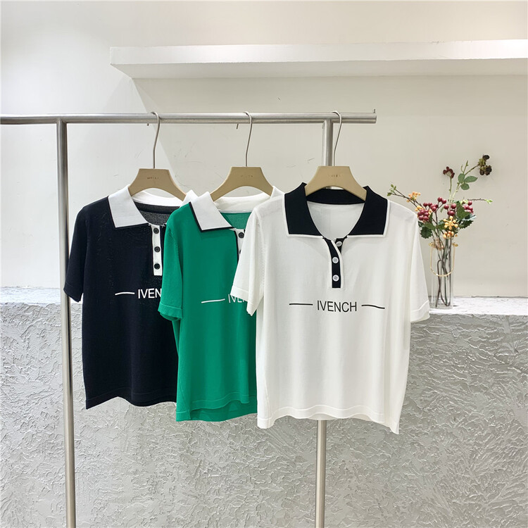 [Weika] Korean color blocking loose letter polo shirt 8226# lwy