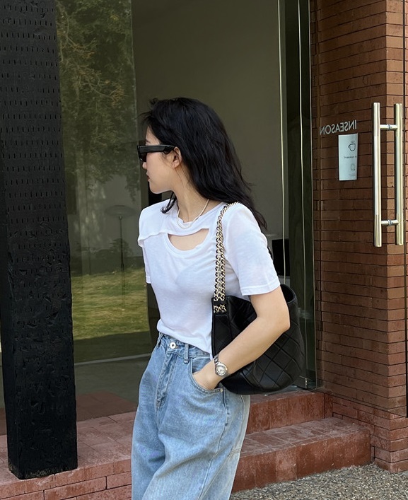 【F】 Hollow out comfortable Korean Short Sleeve T-shirt (only T-shirts) 6080# zxx