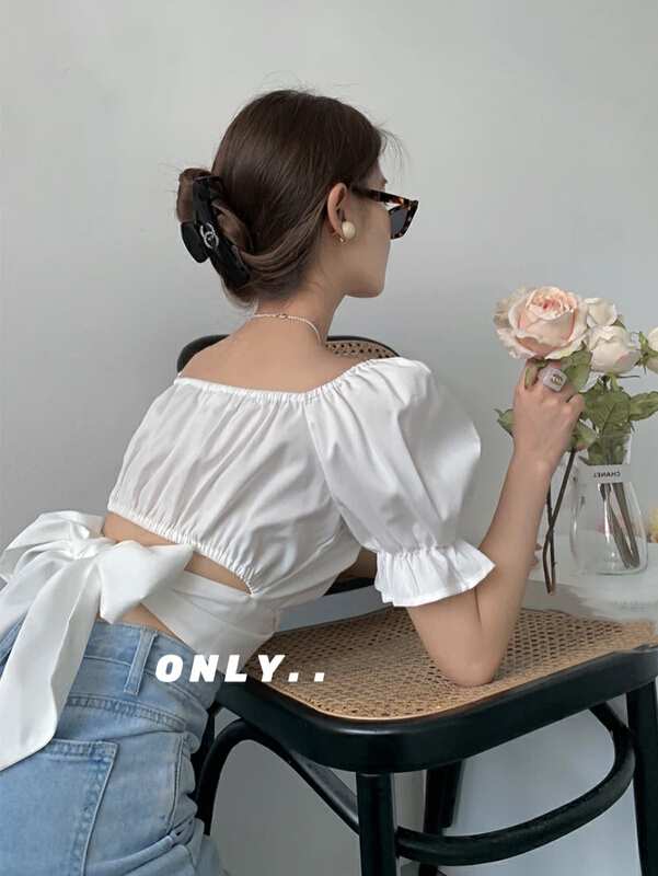 New year in early spring! [only] square neck bubble sleeve backless bandage short shirt 3110# JJ