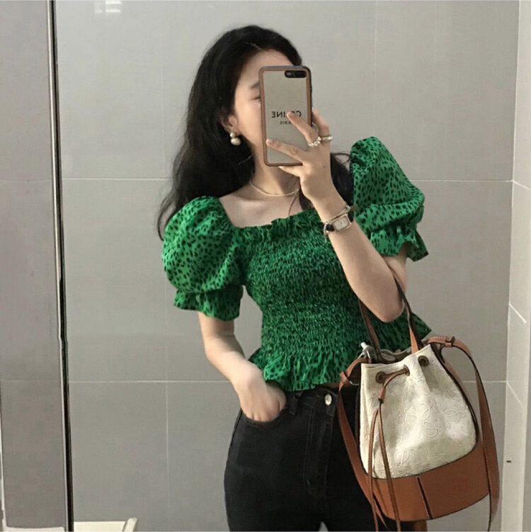 [X.C] Vintage square neck green leopard print short chiffon shirt 281# WPL