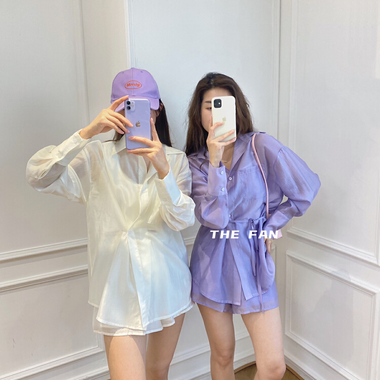 [the fan] solid color irregular shirt + slim and versatile casual Shorts Set (with belt) 98156\pcz