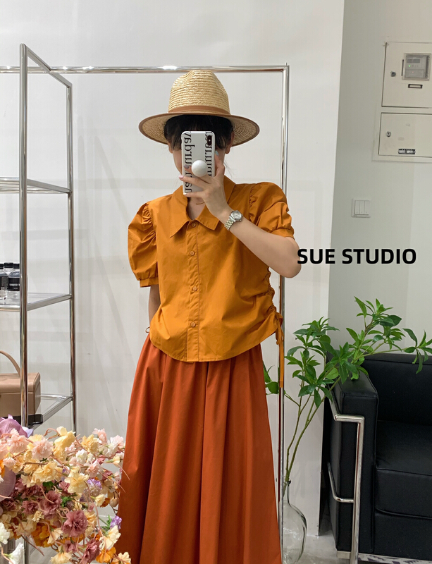 [Sue studio] side drawstring versatile fashion shirt 22268# zjy