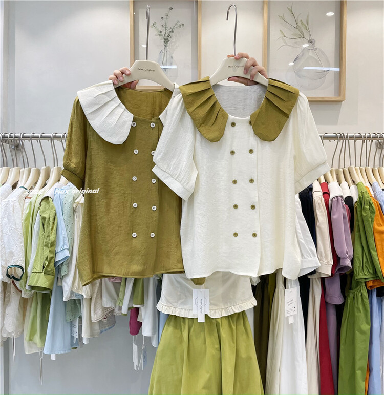 [Max original] contrast color baby collar double breasted blouse 98212# HBx