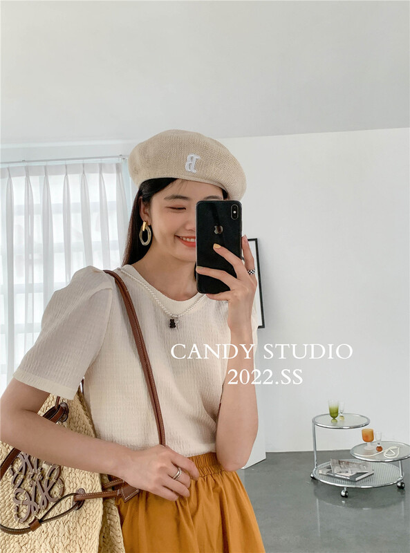goods in stock! [candy] Korean version solid color bubble sleeve short sleeve T-shirt (with detachable chain) b8161# ZSY
