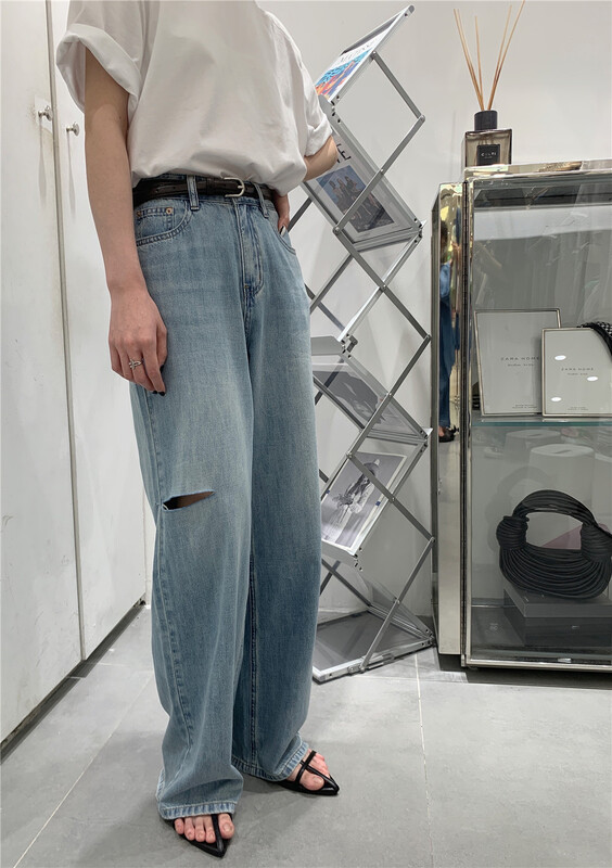 [t-platform] Korean wide leg jeans with holes (with belt) 8376# zxx