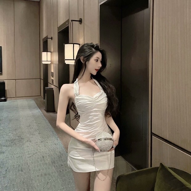 [Doudou family] Camellia heavy industry Rhinestone satin dress (with Brooch) 88263# CLS