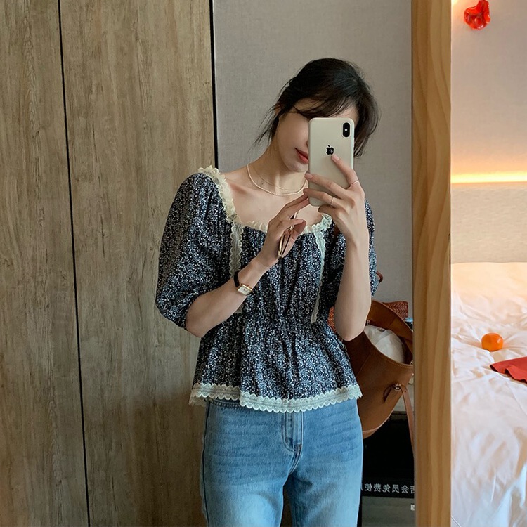 goods in stock! New in early summer! [m.zi studio] slim square neck floral blouse 5596# HBx