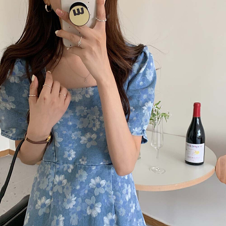 [timely rain] Korean style French retro square neck bubble sleeve dress 72299# WPL