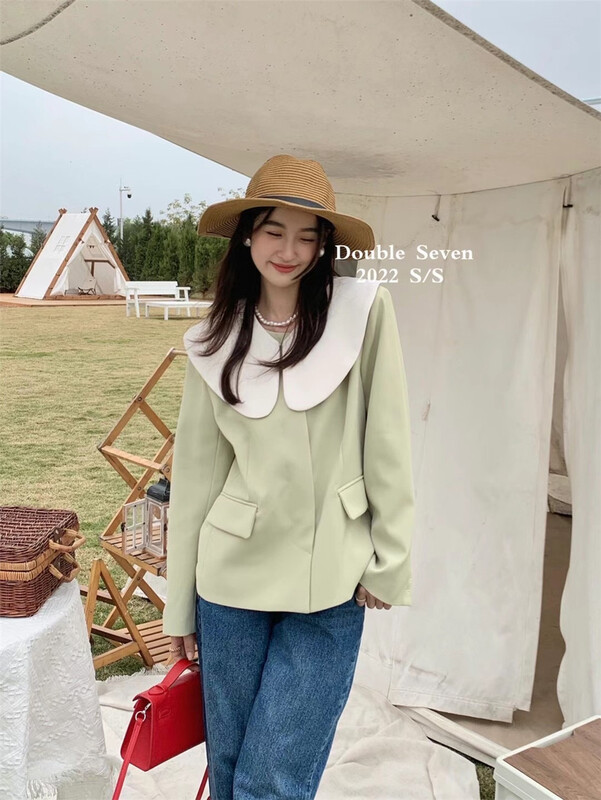 [double seven] Korean Short clean color and texture suit (with detachable shawl) 28000# zxx