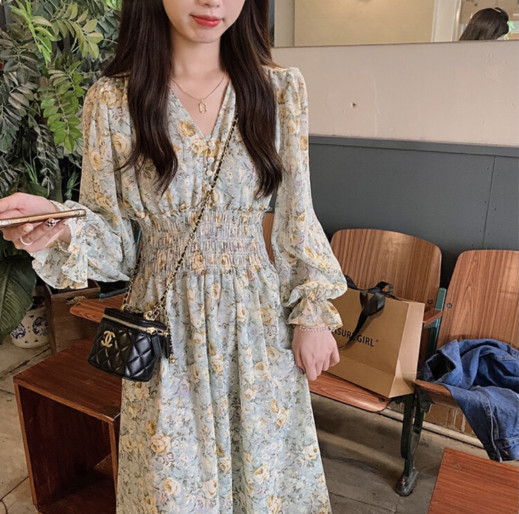 New year in early spring! [LML] fashionable lady V-neck elastic waist dress (only dresses) a732# ozq