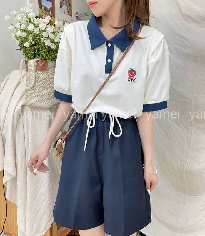 [ya. Mei] Korean strawberry embroidered short sleeve T-shirt 3190# ll