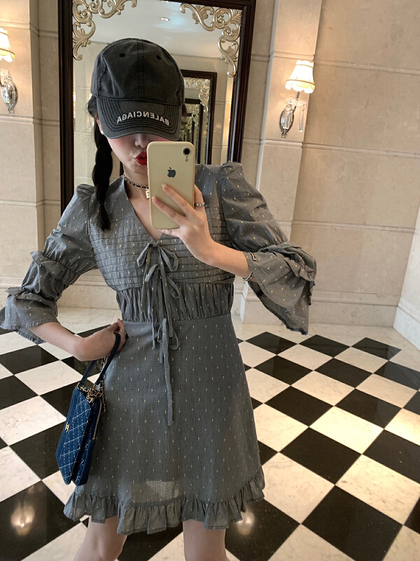 [wgwe] bubble sleeve slim V-neck dress 1355# PCZ