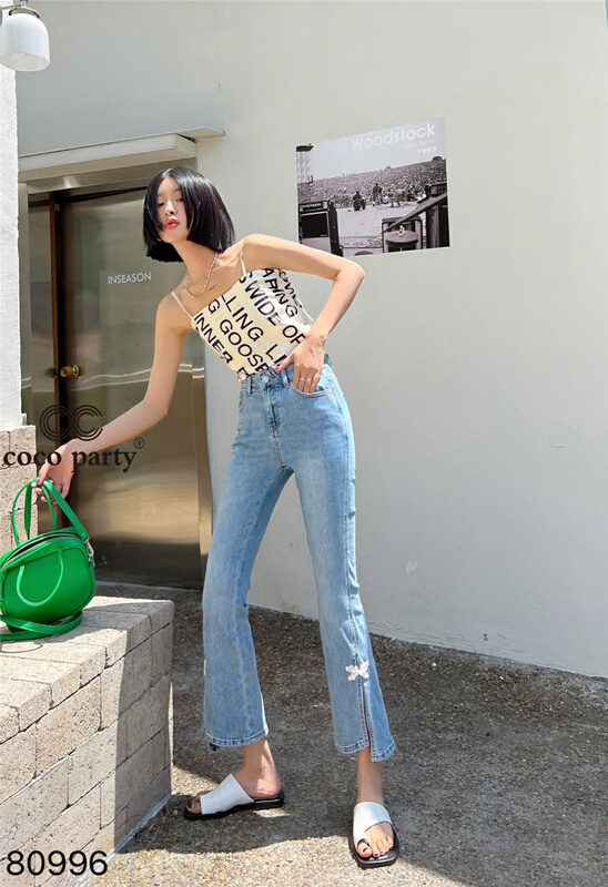 [CC] cross button side slit straight jeans 80996# XYJ