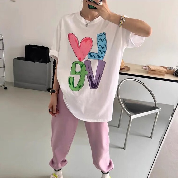 New in early summer! [Tiantian family] hand painted Love Print Pullover short sleeve T-shirt 8838# WTT