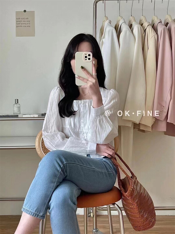 [OK fine] Korean version bubble sleeve square neck short shirt 5021# ZSY