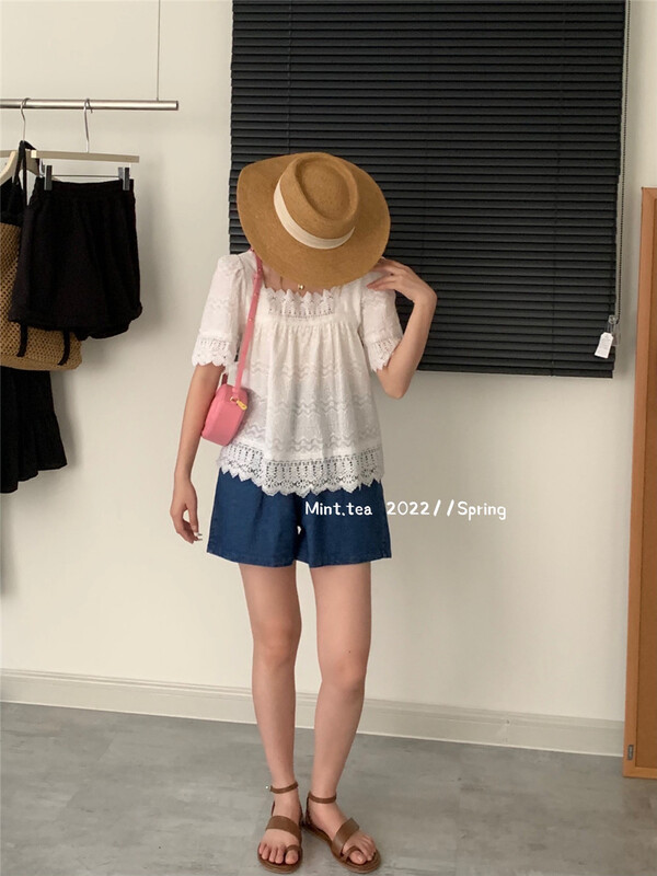 [mint tea] Square Neck Lace short shirt 22675# zjy