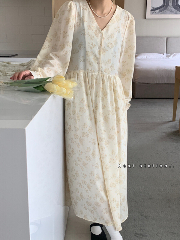 [next station] temperament print loose bubble sleeve dress 22107# ZSY