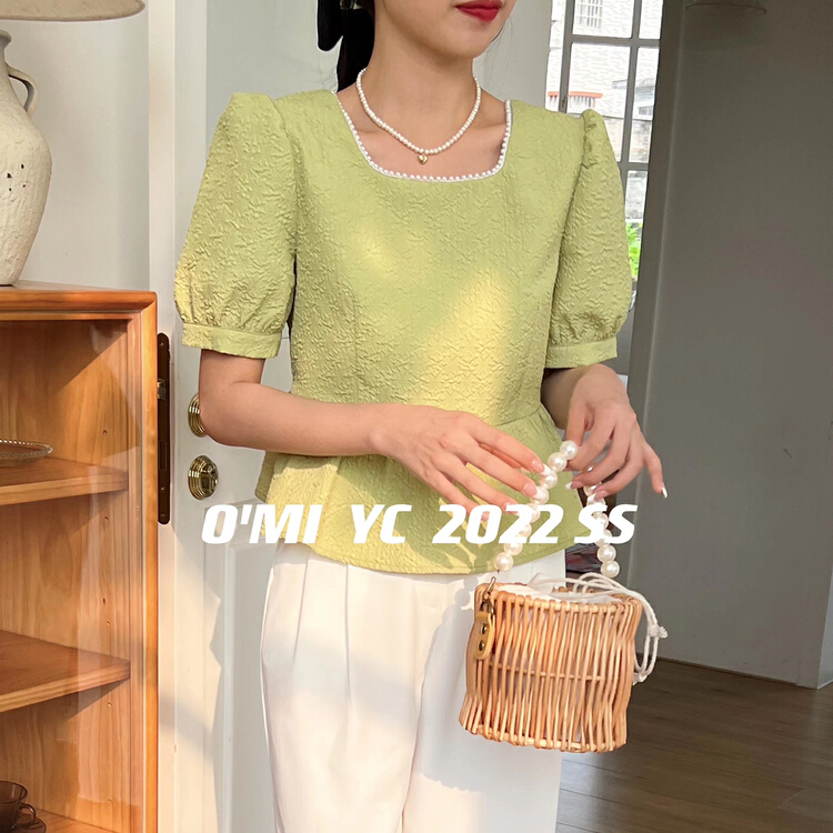 [O MI] French pearl design square neck short shirt 8235# HBx