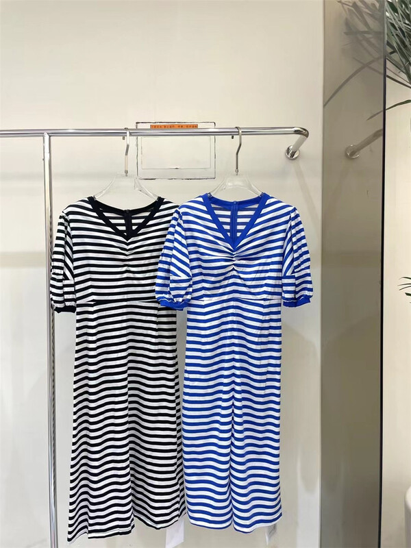 [Amy] Korean V-neck stripe dress y9807# JJ