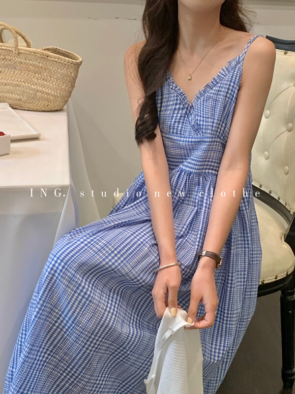 New in early summer! [ing] fresh and thin fungus edge Plaid Dress 6969# ZSY
