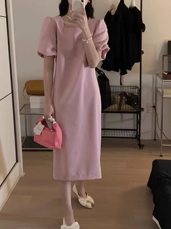[on line] temperament flower bud sleeve square neck dress 7098# lwy