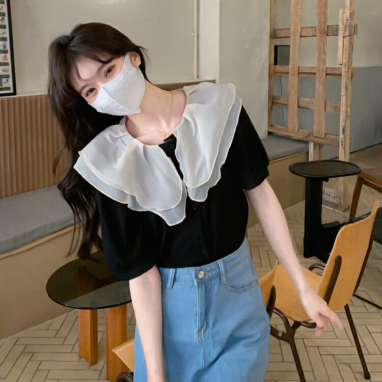 goods in stock! New in early summer! [timely rain] Korean style ins French aging design sense double layer doll collar color matching LACE SHORT SLEEVE SHIRT 44229# WPL