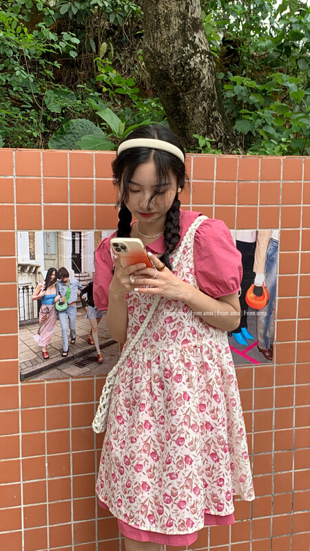 [from Anna] simple and versatile dress + printed lady suspender skirt set 6174# LSW